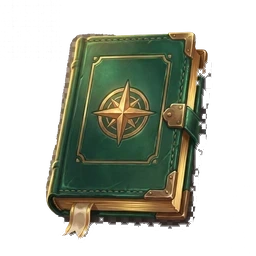 The Field Guide — a green leather book with a gold compass rose on the cover and a ribbon marker, the game’s own Extras card art.