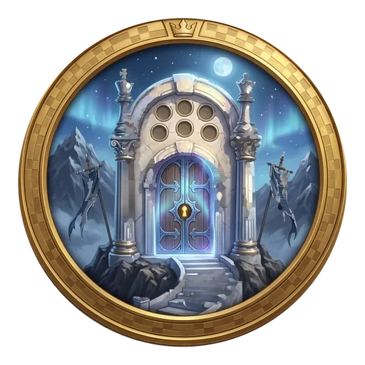 The Championship Gate medallion — a sigil-locked door between king and queen pillars.