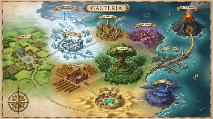 The illustrated map of Casteria, from Openfield to the Champions' Gate.
