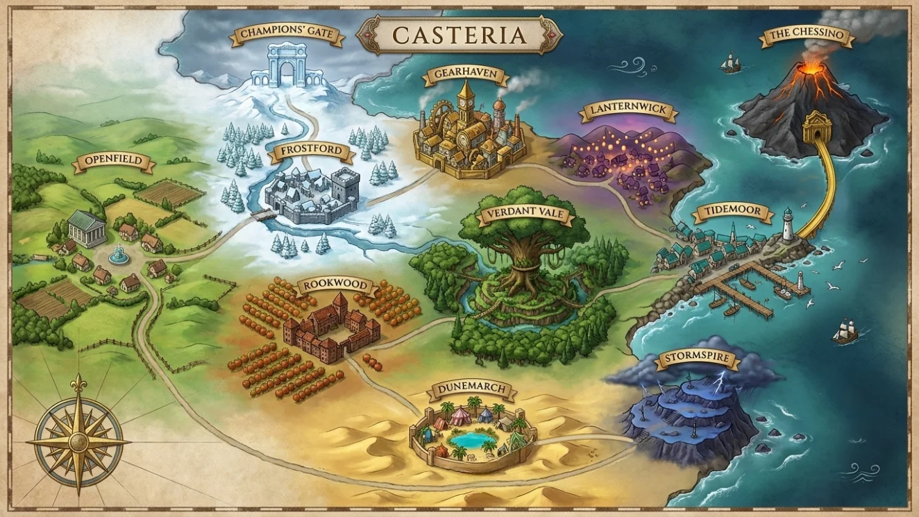 The hand-drawn world map of Casteria: nine towns joined by roads across meadow, ice, desert and storm coast, with the Chessino volcano offshore and the Champions' Gate in the northern mountains.